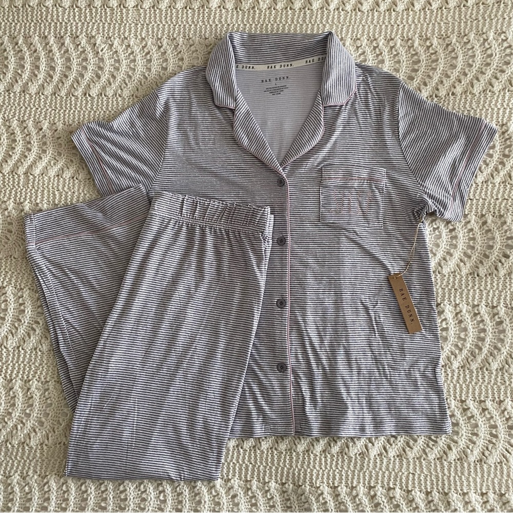 Rae Dunn Women’s “Sleep” Pajama Set - Gray & White Striped w/ Pink Trim - Large